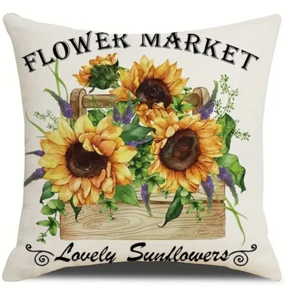 NEW SUNFLOWER FARMHOUSE "FLOWER MARKET" DECORATIVE LINEN PILLOW COVER 17.7" - Picture 1 of 3